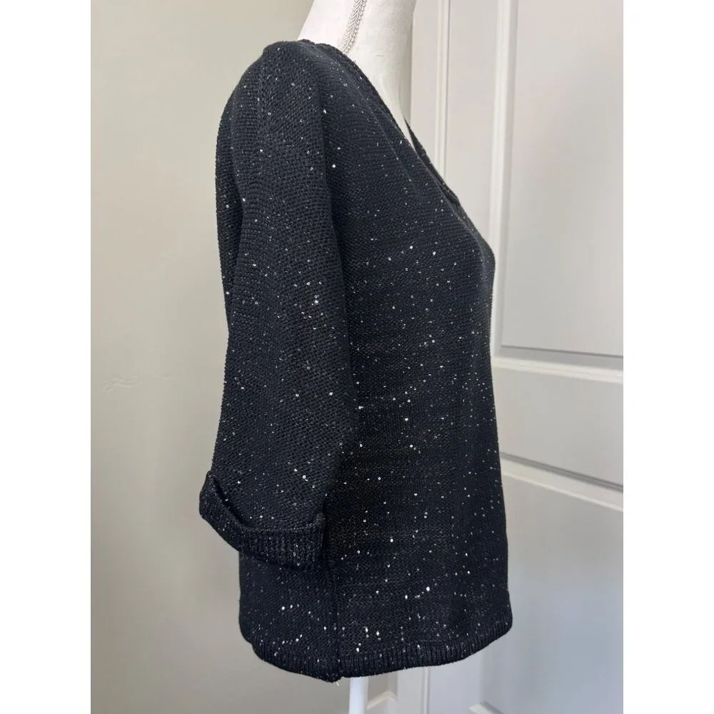 DKNY Jeans Womens XL Sequin V-Neck Sweater Black Light Soft Comfortable - Picture 5 of 14